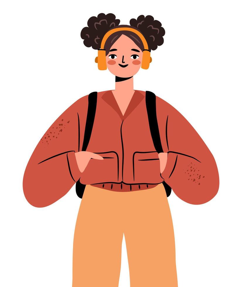 Modern young woman in headphones with backpack vector