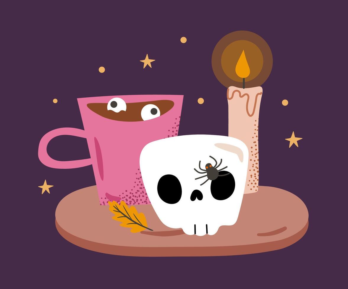 Skull, candle and cup with creepy beverage. Halloween composition vector
