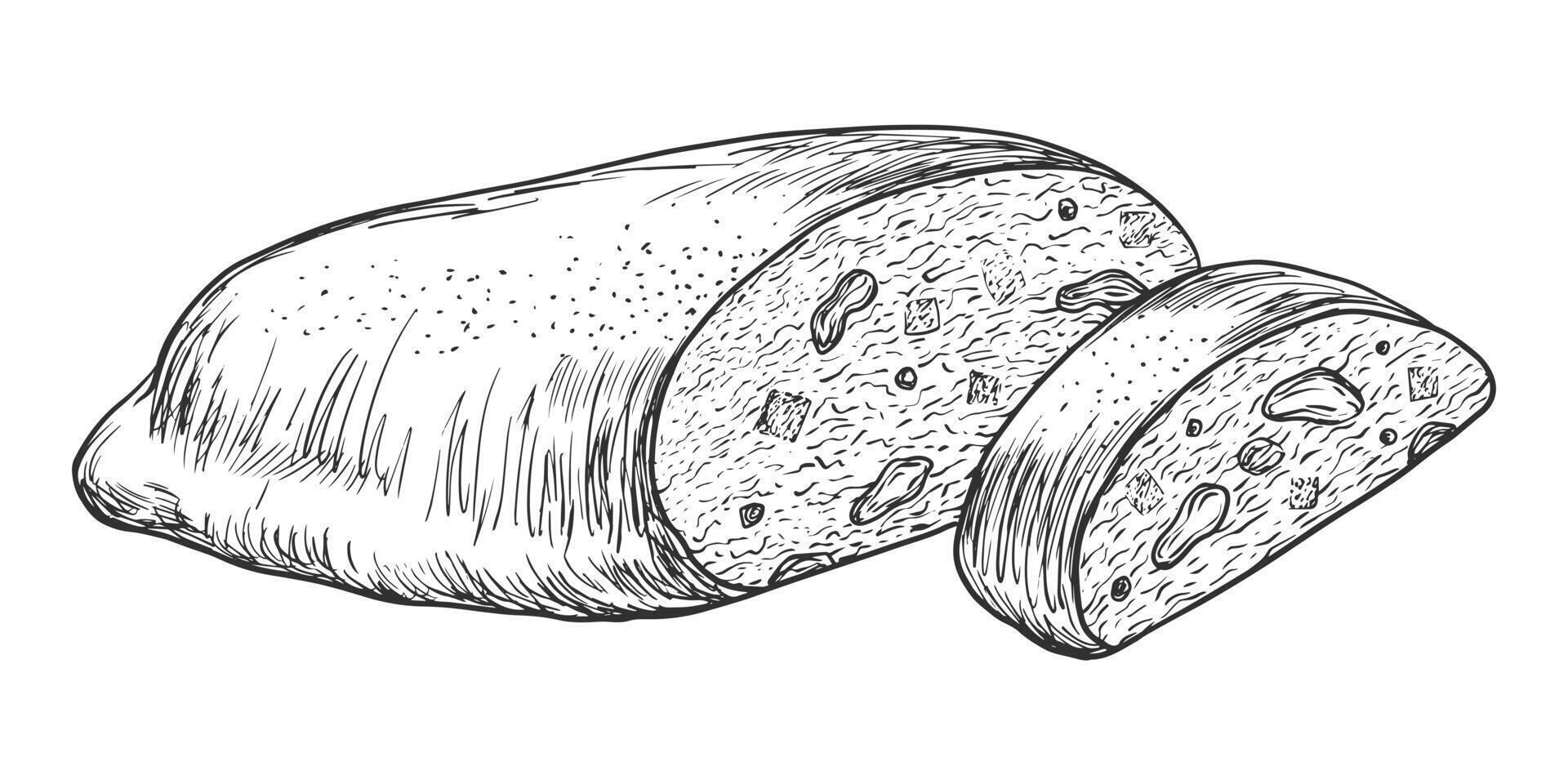 Sliced stollen with dried fruits. Traditional German Christmas fruit bread with nuts, marzipan, raisins, candied fruits. Sketch style piece of pie. Black and white engraving style sweet bread vector