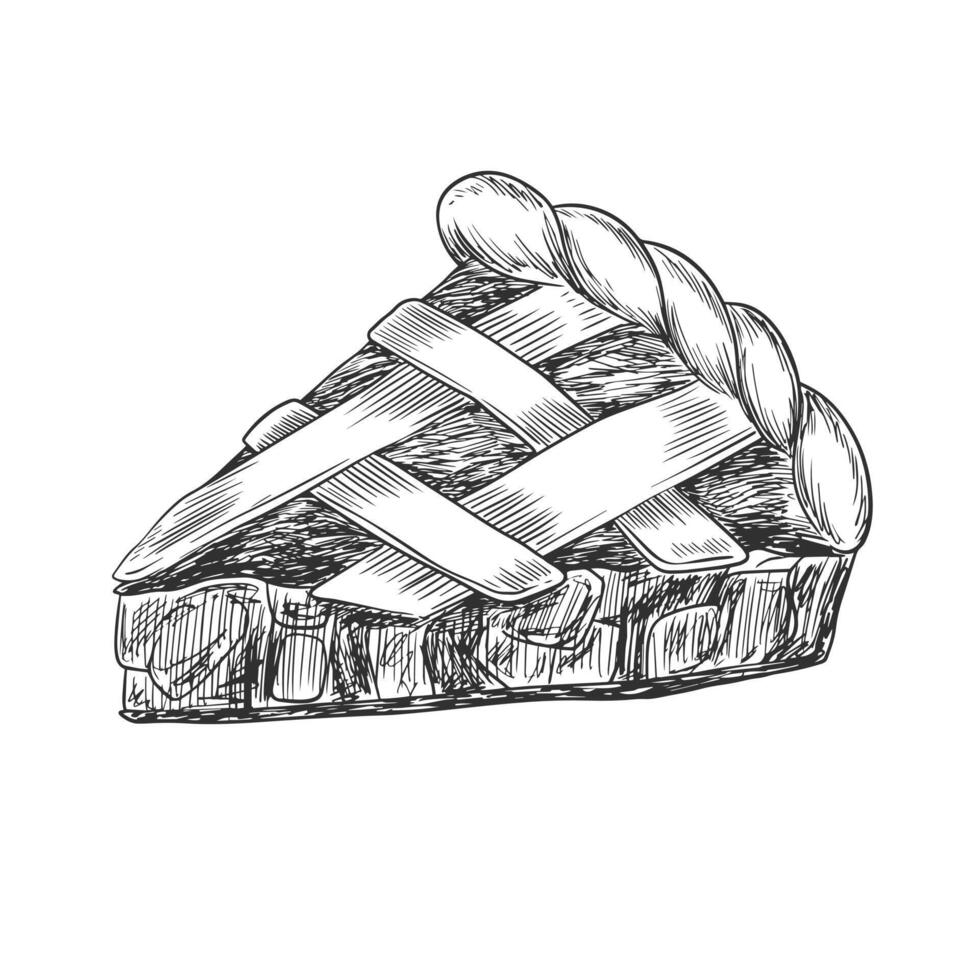 Slice of apple pie with braided crust. Sketch style piece of pie. Black and white engraving style sweet cake vector