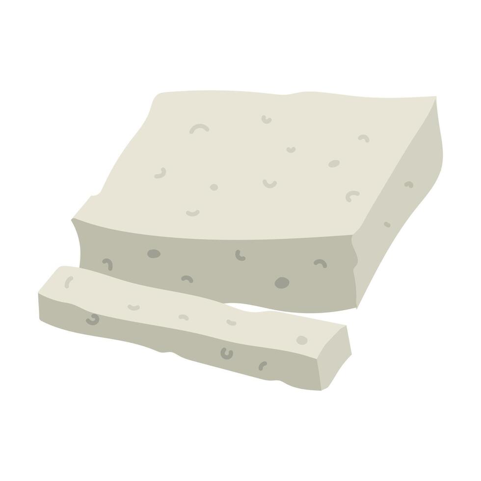 flat piece of rectangular feta cheese is sliced, highlighted on white. A whole piece of pressed dairy product with sliced long slices. White Greek curd cheese made from sheep's milk, beans vector