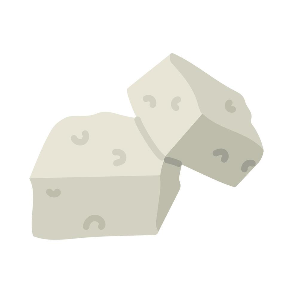 flat feta cheese in the form of rectangular cubes, highlighted on white. Milk porous product, several cubes, slices in a group. White Greek curd cheese made from sheep's milk, beans vector