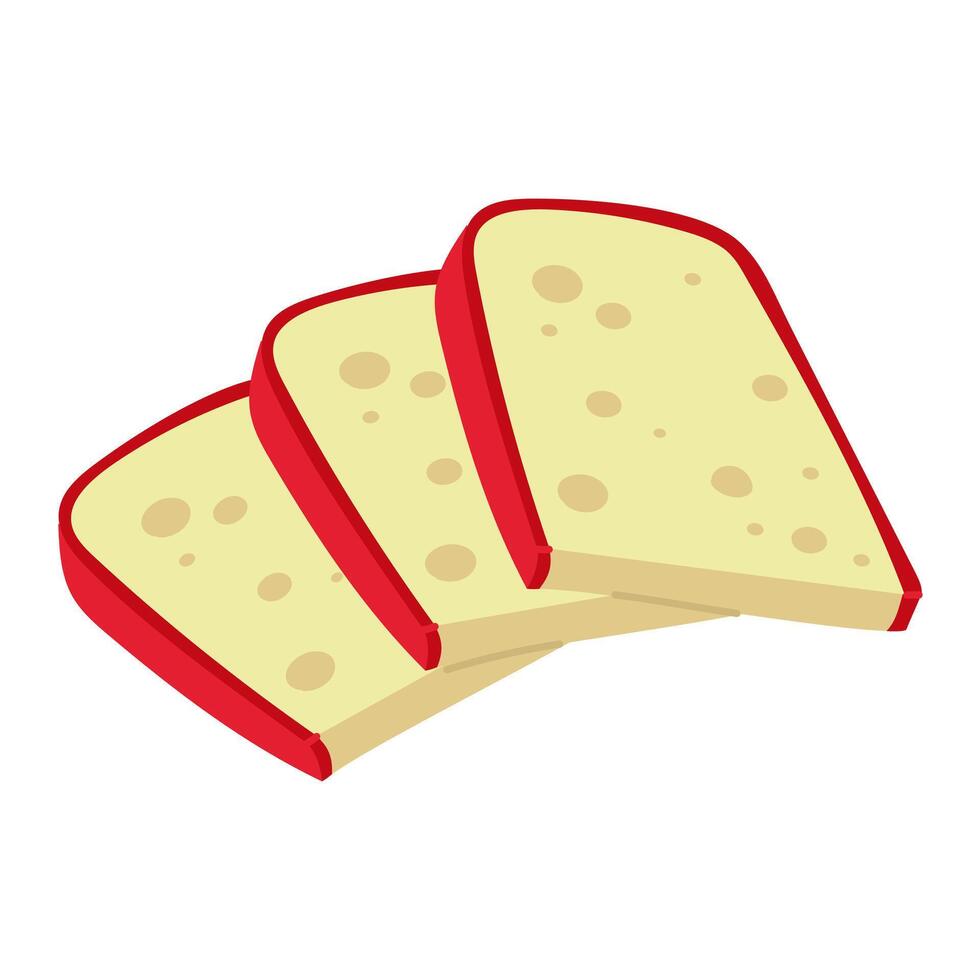 A group of sliced pieces of gouda cheese in a flat style with realistic motifs, Cheese in a red wax shell. Isolated sliced strips of illustration. Cheese with pores, sliced for consumption vector