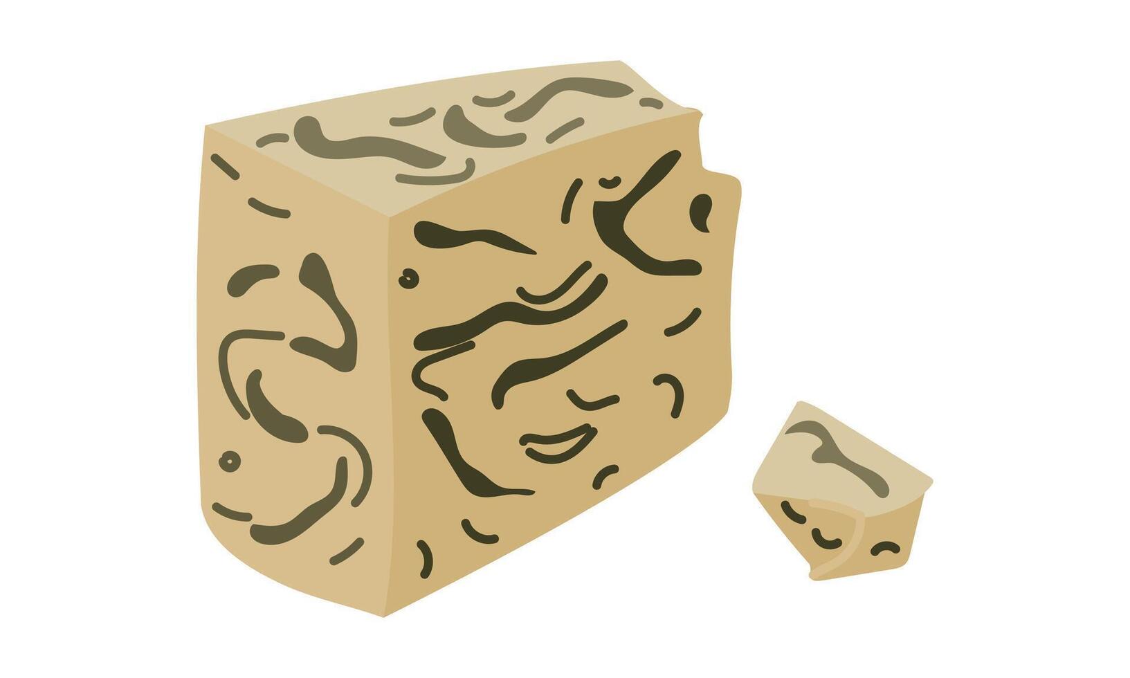 Roquefort, gorgonzola or Stilton cheese with noble blue mold, illustration highlighted on a white background. A flat illustration of a large piece of cheese with a small piece split off from vector