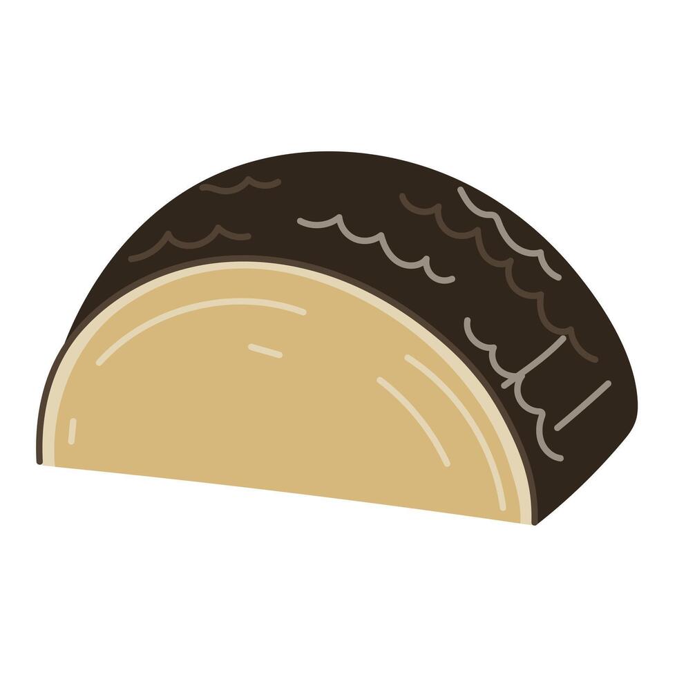 Hard cheese parmesan or pecorino, half a circle in a dark package cut in half, illustration, isolated highlighted on a white background. For the menu of dairy products, cafes, restaurants vector