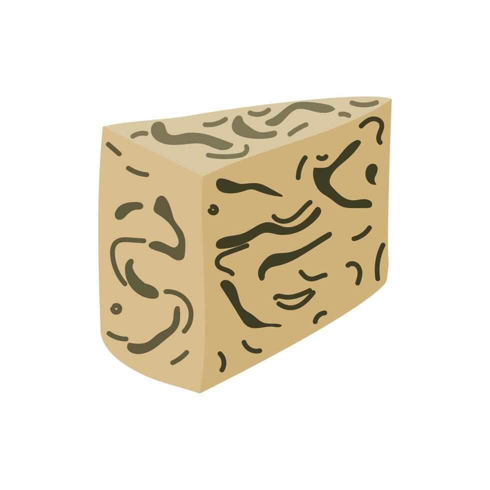 Roquefort, gorgonzola or Stilton cheese with noble blue mold, illustration of a large piece of triangular cheese. flat illustration of a large piece of cheese small pieces split off from the main one vector