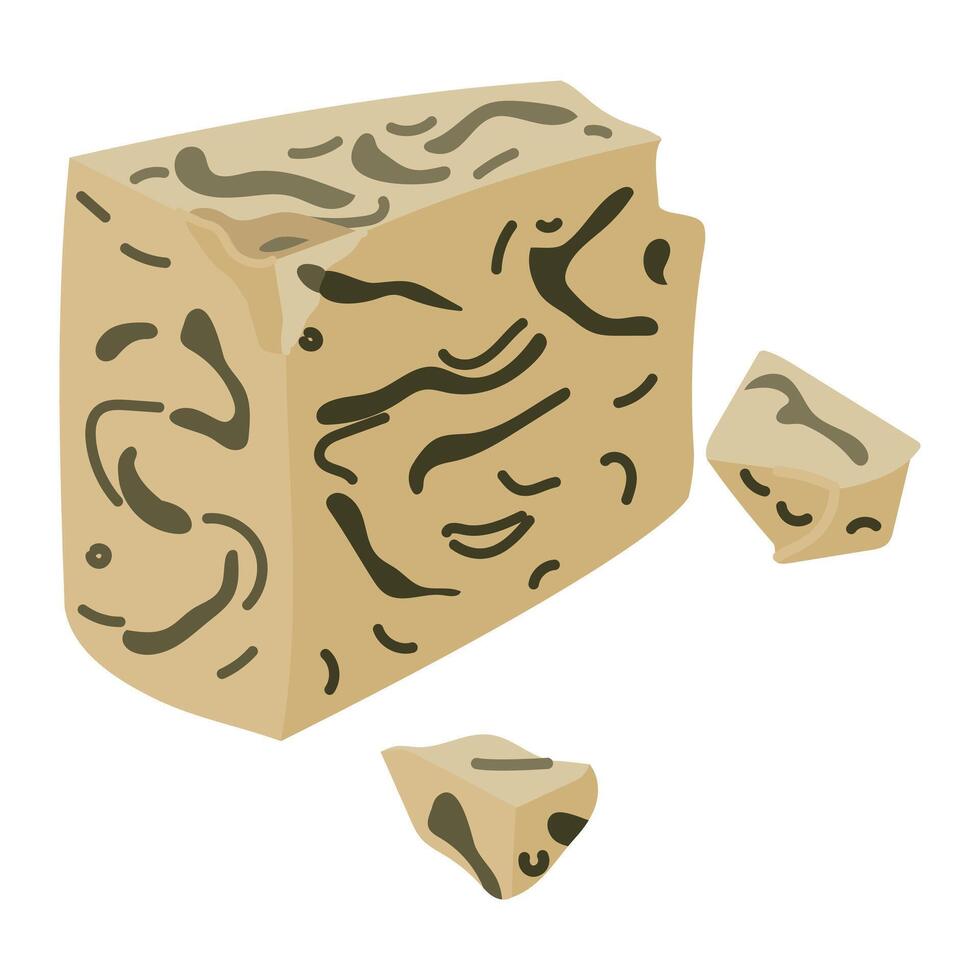 Roquefort, gorgonzola or Stilton cheese with noble blue mold, illustration highlighted on white background. flat illustration of large piece of cheese with small pieces split off from main one vector