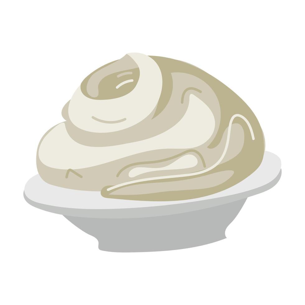 flat illustration of a mascarpone cheese dairy product in a bowl. An airy dairy product for sweets. A simple drawing for the design of a culinary website and applications, logo, application vector