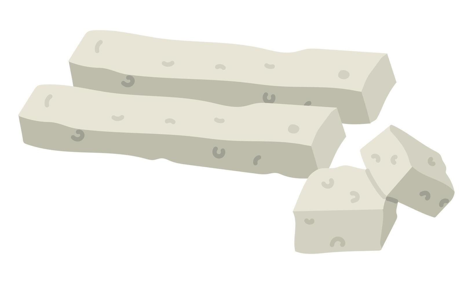 flat slices and cubes of rectangular-shaped feta cheese are sliced, highlighted on white. Milk porous product with sliced long slices and cubes. White Greek curd cheese made from sheep's milk, beans vector