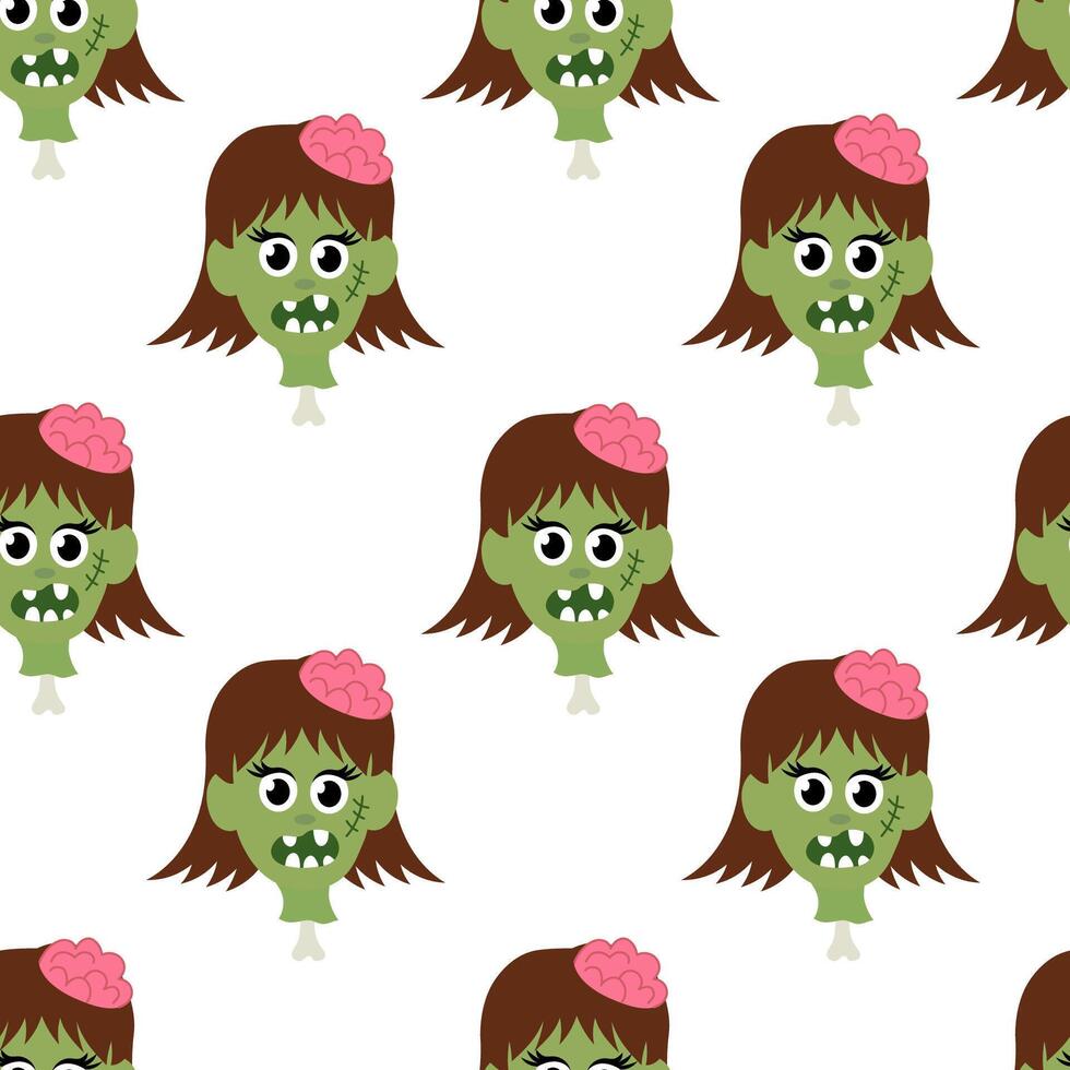 Seamless pattern with Zombie girl head on bone and brain. Halloween Flat illustration. vector
