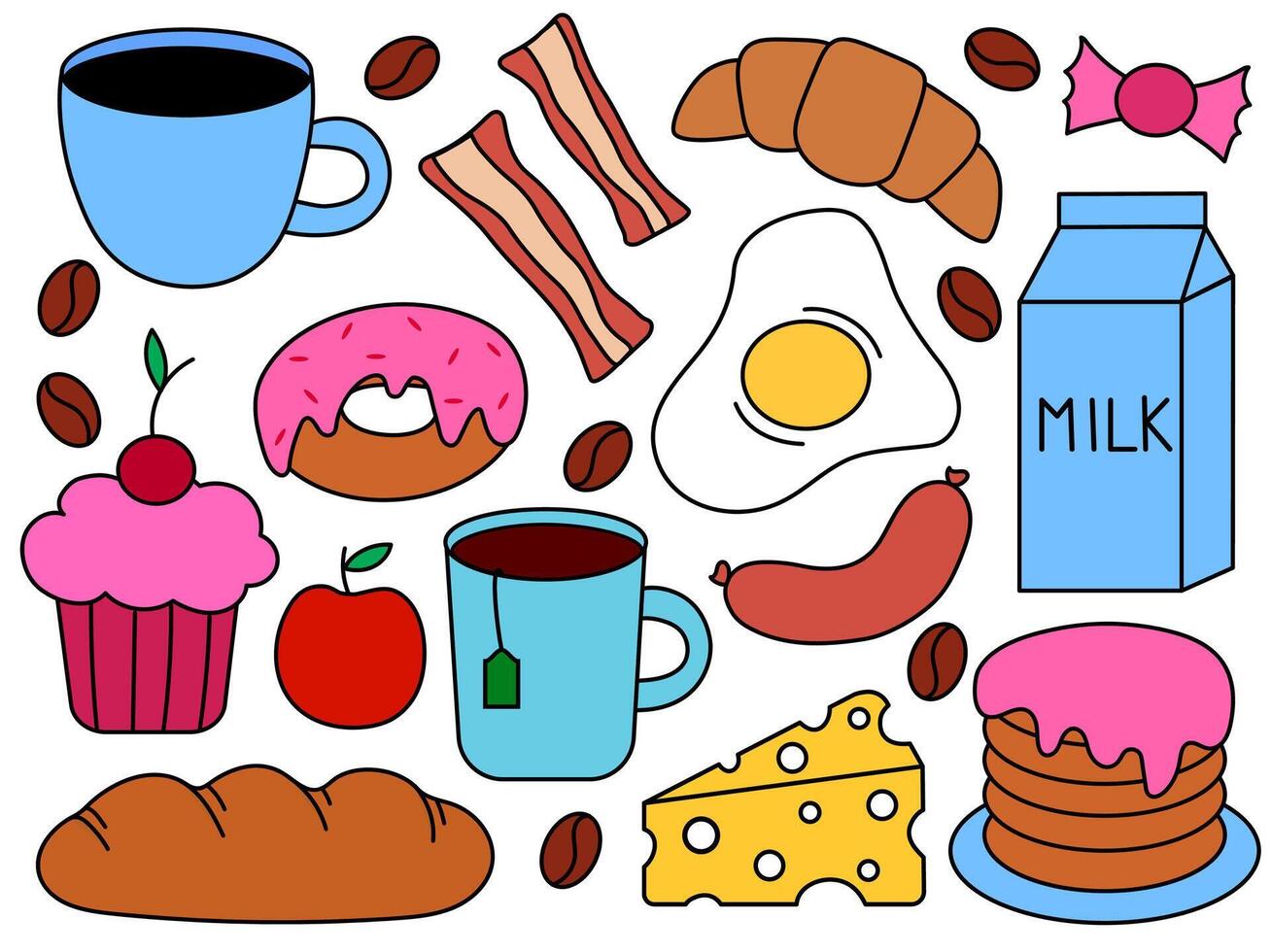 Breakfast and morning elements set. Food and drink. hand drawn Flat Illustration. vector