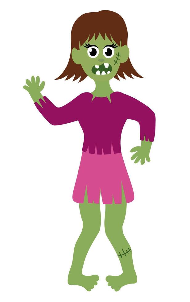 Zombie girl with brown hair. Halloween Living dead. Cartoon Flat illustration. vector