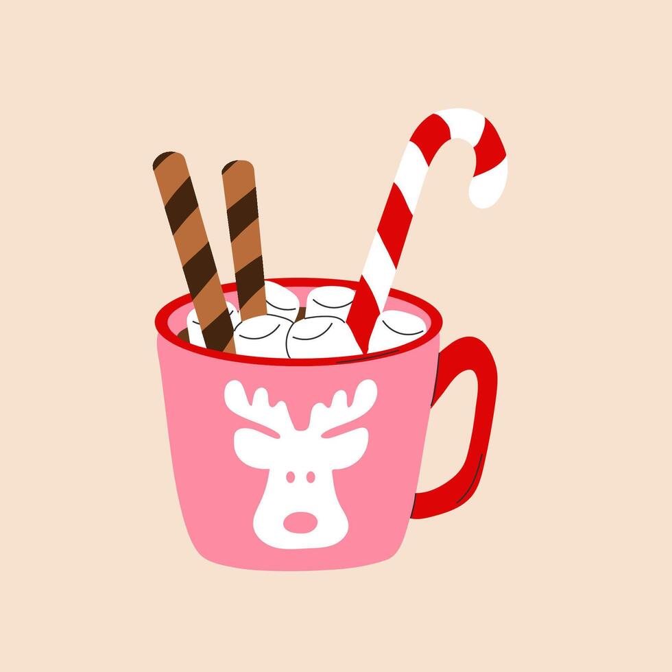 A cute holiday mug with a flat cartoon style, featuring a Christmas hot drink vector