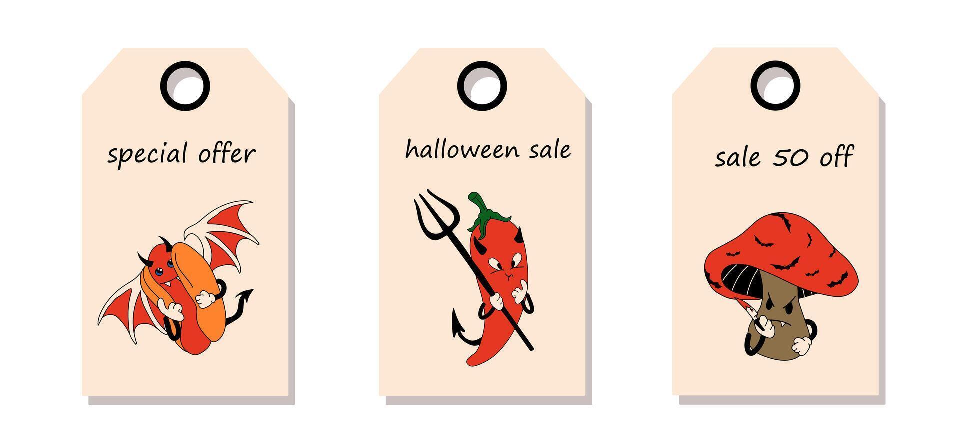 set of discount price tags. Labels with cute, happy, funny hot dog, pepper devil and mushroom with a knife cartoon mascot character. Halloween sale. vector