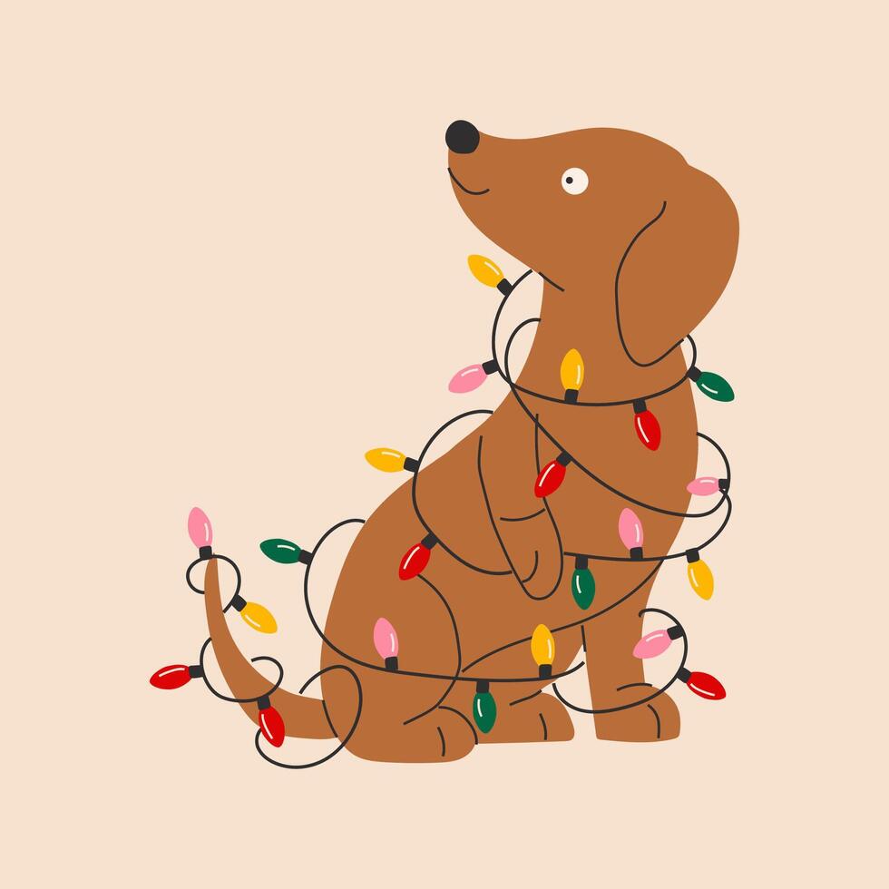 A cute dog wrapped in a Christmas garland. Merry Christmas vector