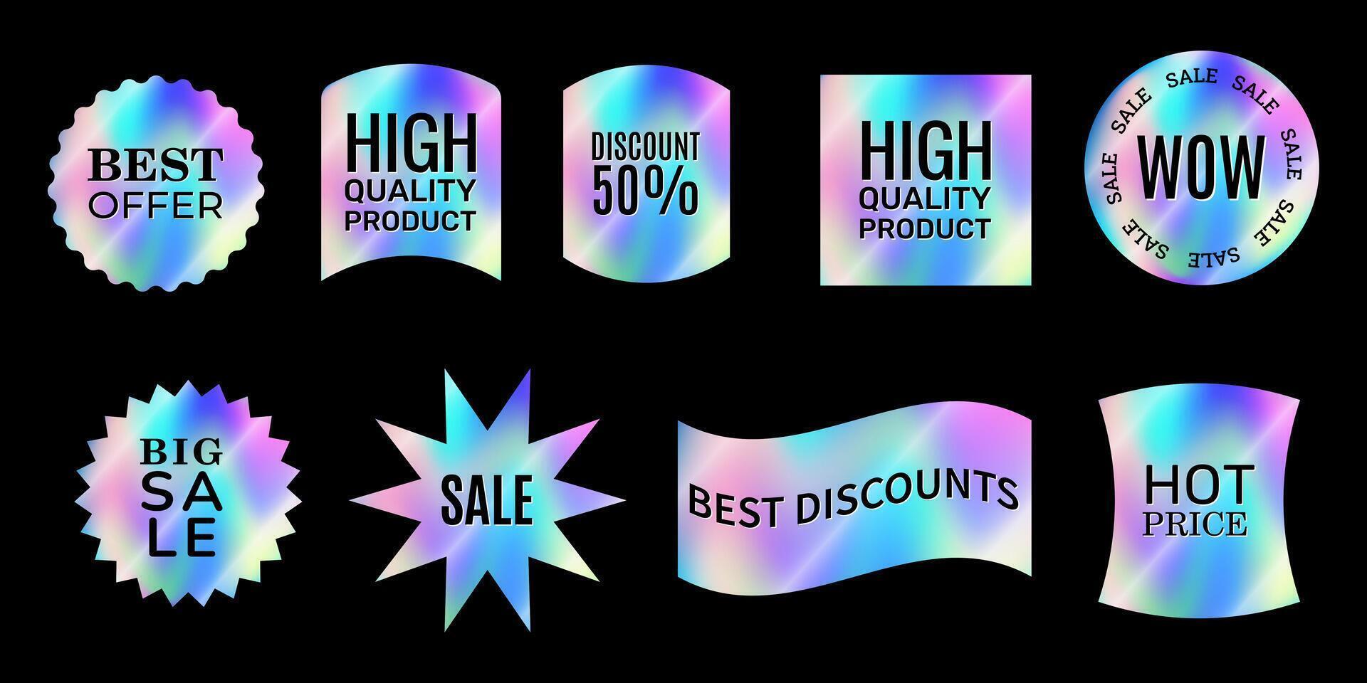 set of holographic shiny stickers, discounts for Black Friday in 2000s style vector