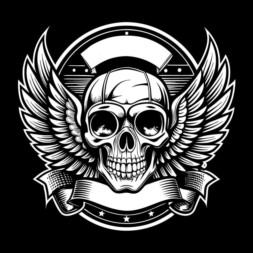 skull with wings and ribbon on black background vector