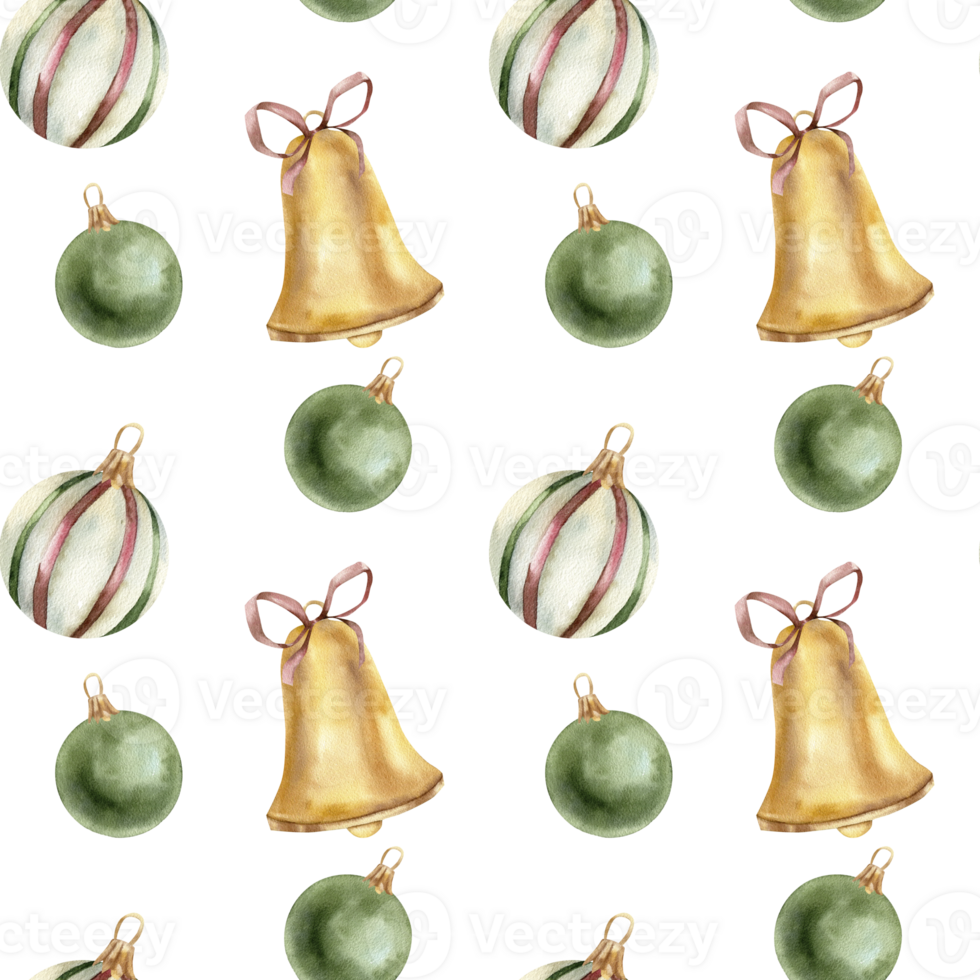 New year seamless pattern with retro striped and green balls and gold bell with bows. Traditional winter season and Christmas holidays celebration background for packing, gift, card design png