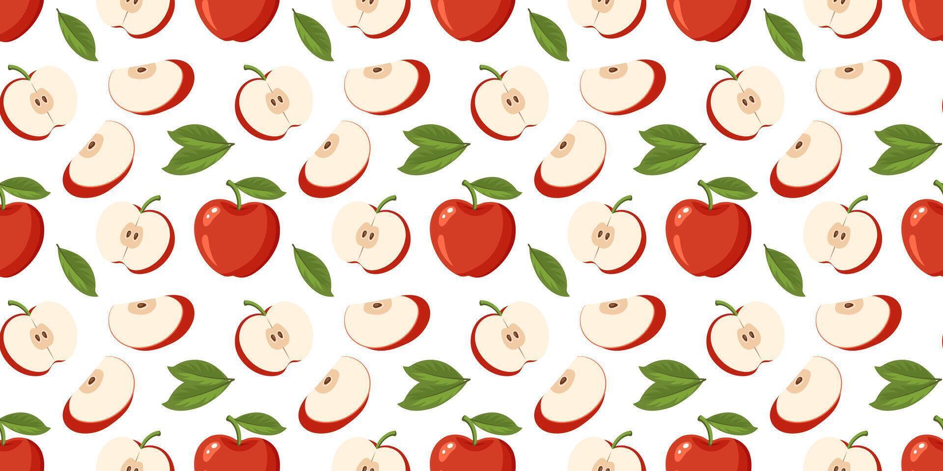 Seamless pattern with apples and apple pieces on white background. Fruit background, packaging illustration vector