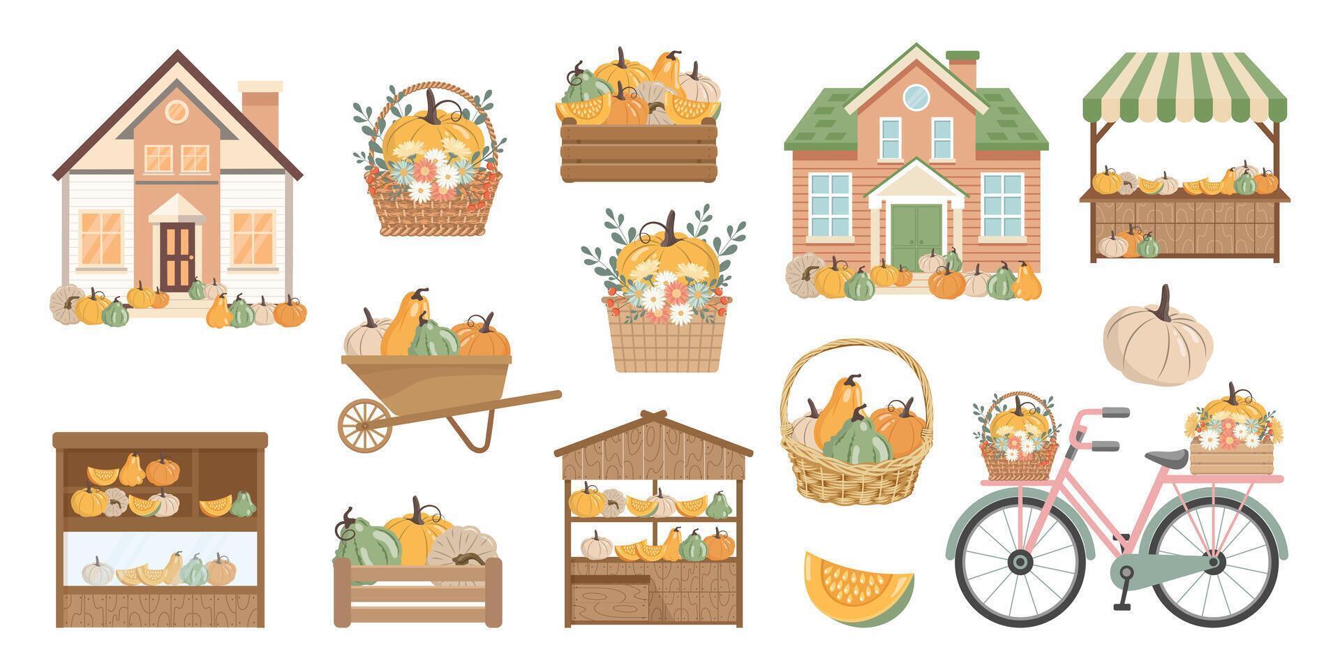 Set of autumn decorative elements with pumpkins. Houses, street stalls, boxes, basket and wheelbarrow with pumpkins. Collection of cute illustrations vector