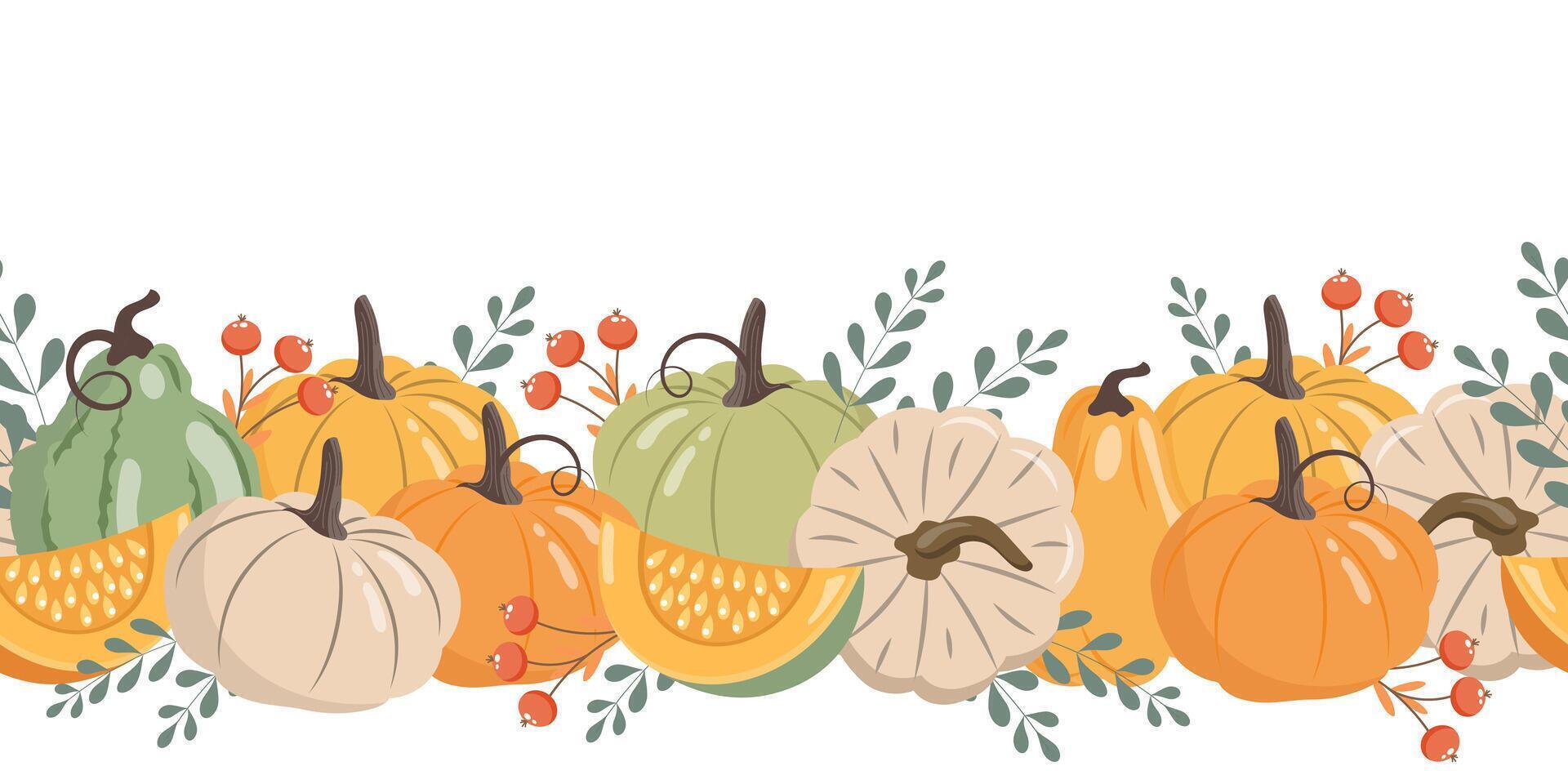 Autumn pumpkins and forest leaves and berries horizontal seamless border. Seasonal fall banner design for greeting. Illustration vector