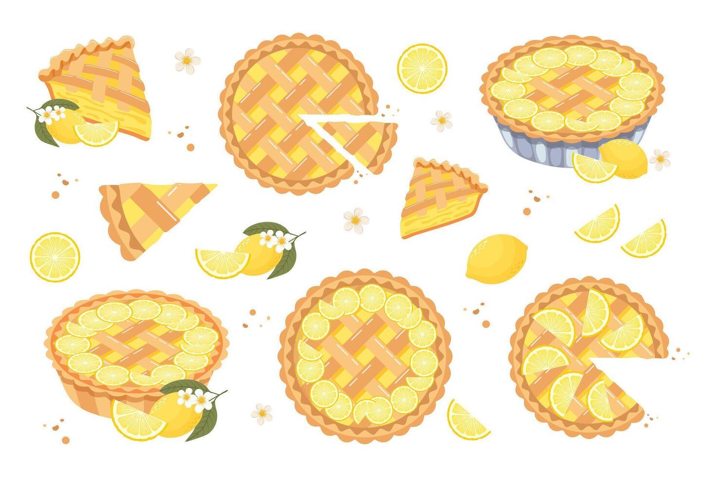 Set of baked lemon pie, pie pieces and lemons. Food, dessert, sweet. Flat illustration, sweet snack icons vector
