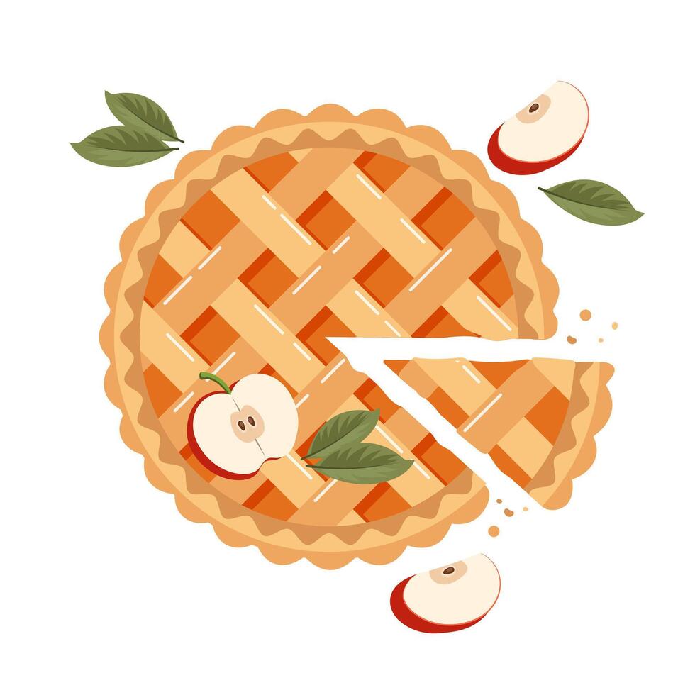 Baked pie with apple slices. Traditional holiday food, dessert. Flat illustration vector