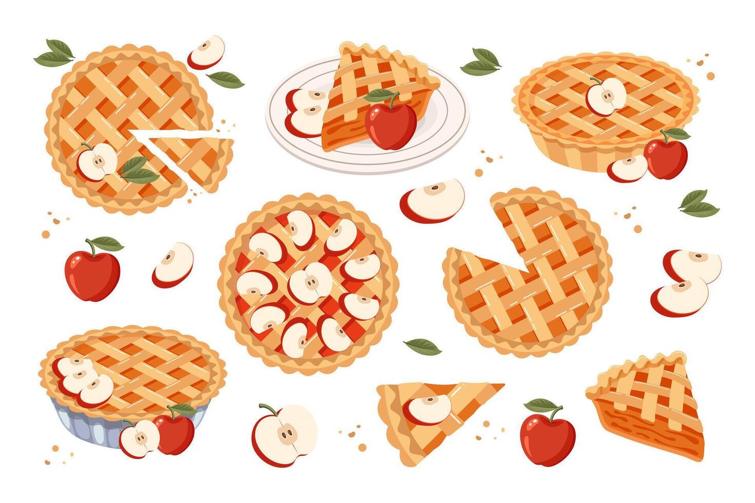 Set of baked apple pie, pie pieces and apples. Food, dessert, sweet. Flat illustration, sweet snack icons vector