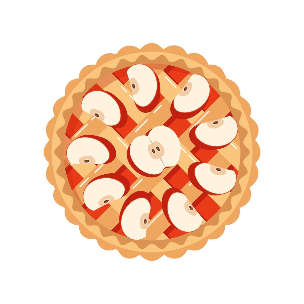 Baked apple pie with apple slices, top view. Traditional holiday food, dessert, sweet. Flat illustration vector