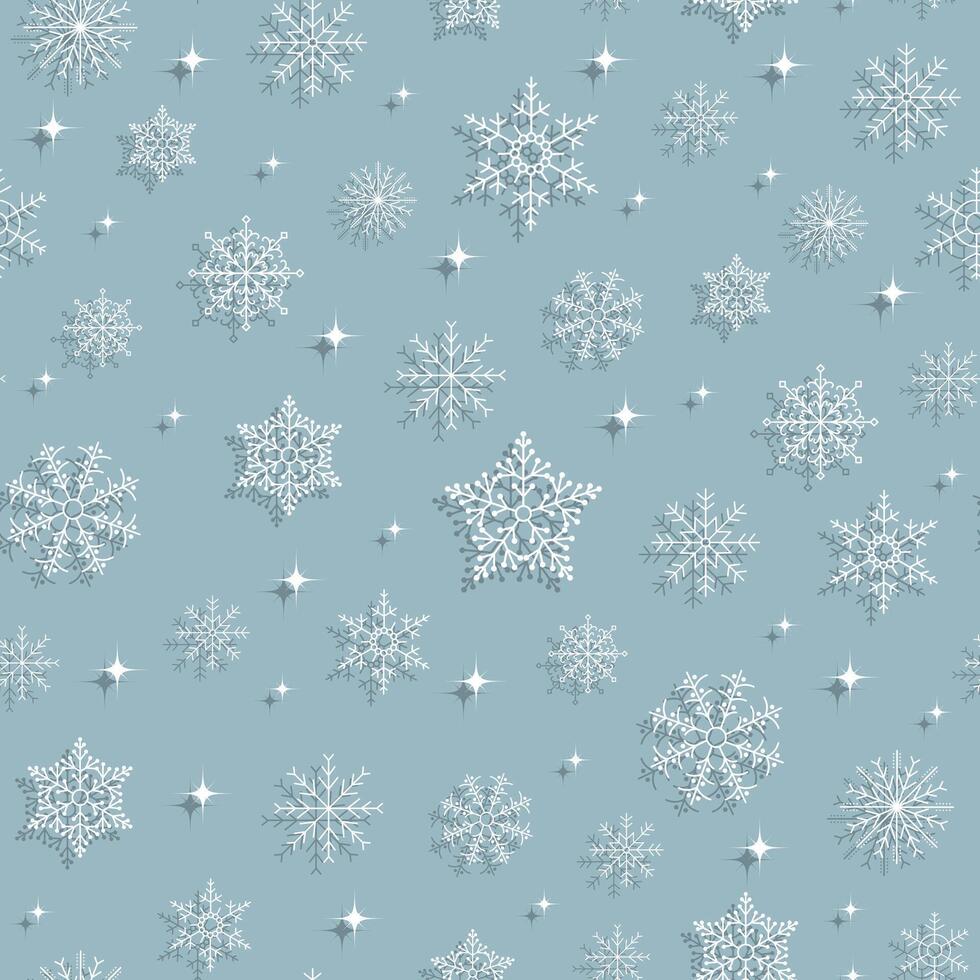 Seamless pattern with snowflakes and stars with shadow on a blue background. Christmas background, winter illustration vector
