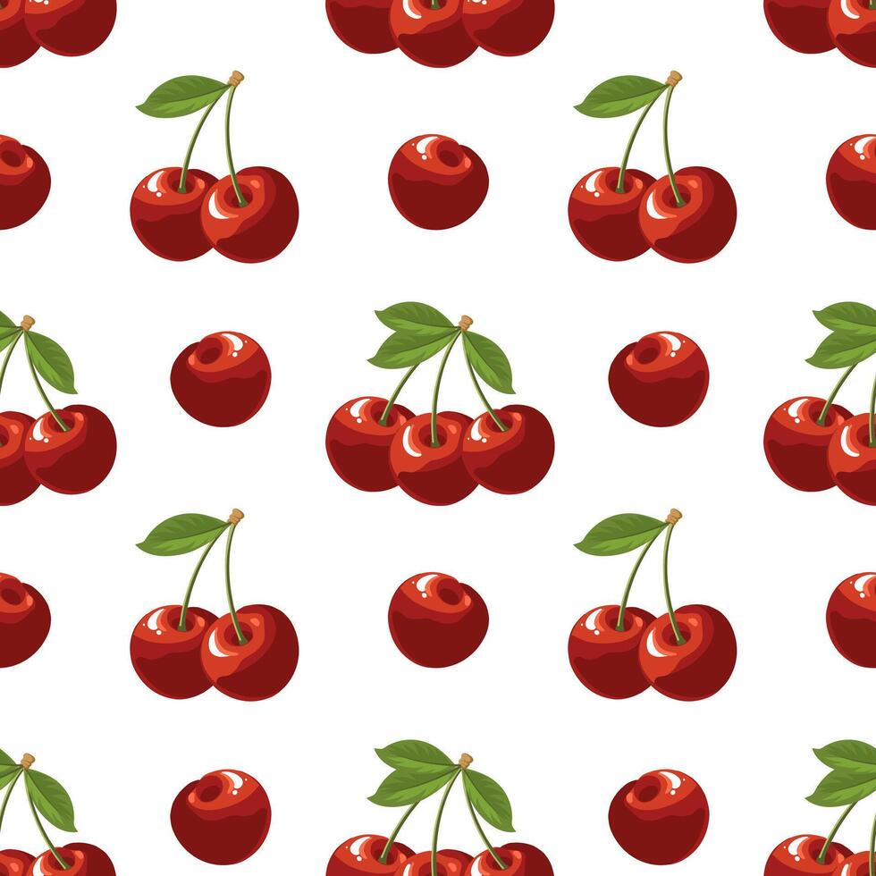 Seamless pattern with cherry berries and leaves on white background. Fruit background, packaging illustration vector