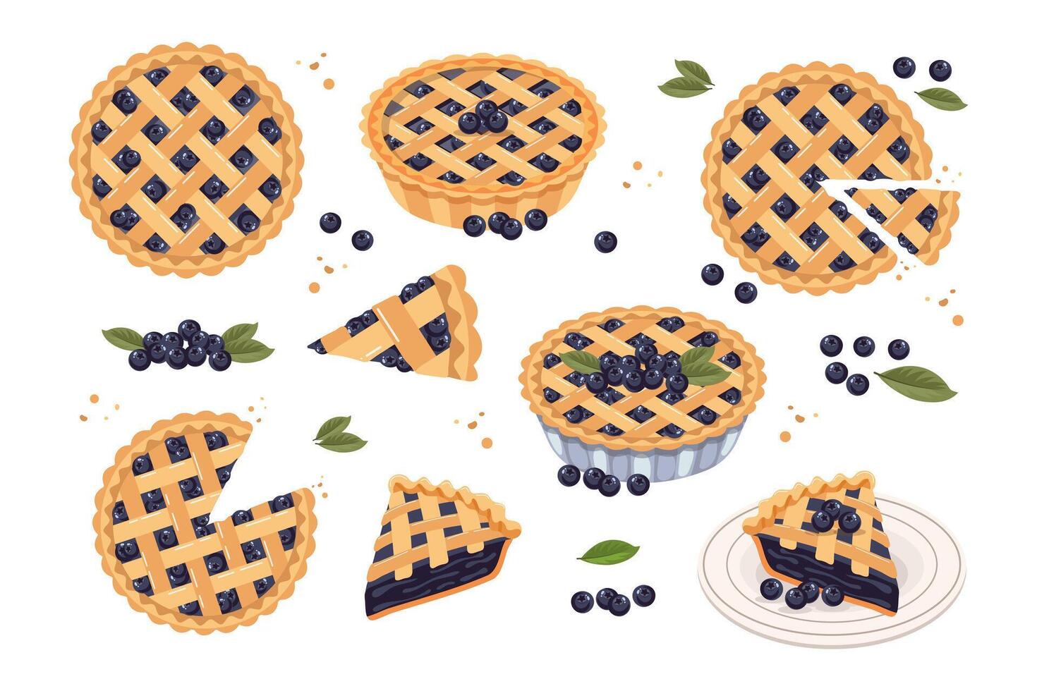 Set of baked blueberry pie, pie pieces and blueberries. Food, dessert, sweet. Flat illustration, sweet snack icons vector