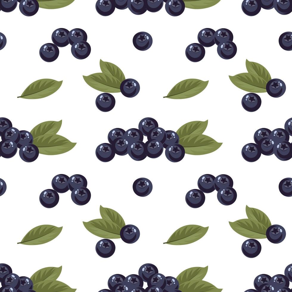 Seamless pattern with blueberry berries and leaves on white background. Fruit background, packaging illustration vector