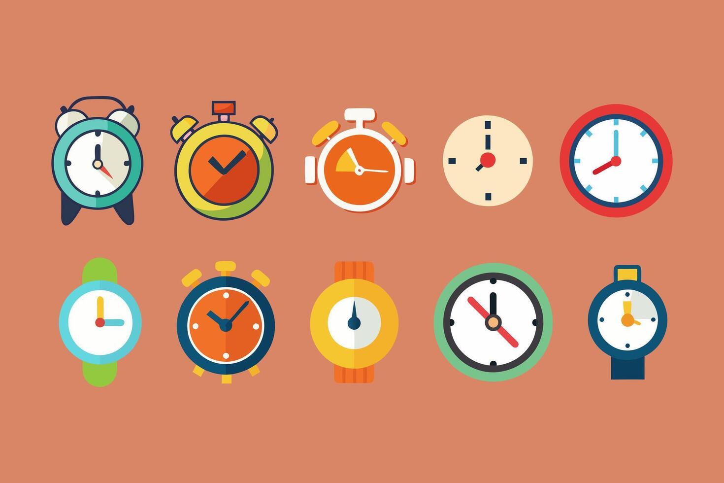 Comprehensive Clock Icon Collection Featuring Wristwatches Pocket Watches Stopwatches Alarm Clocks and Wall Clocks vector