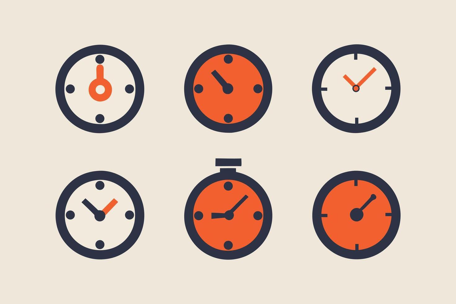 Clock icon set. Various collection including wristwatch, pocket watch, stopwatch, alarm clock, and wall clock. Colorful Watch collection vector