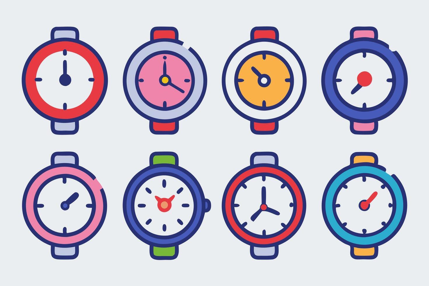Watch and Clock Icon Collection with Wristwatches Stopwatches Pocket Watches Alarm Clocks and Wall Clocks vector