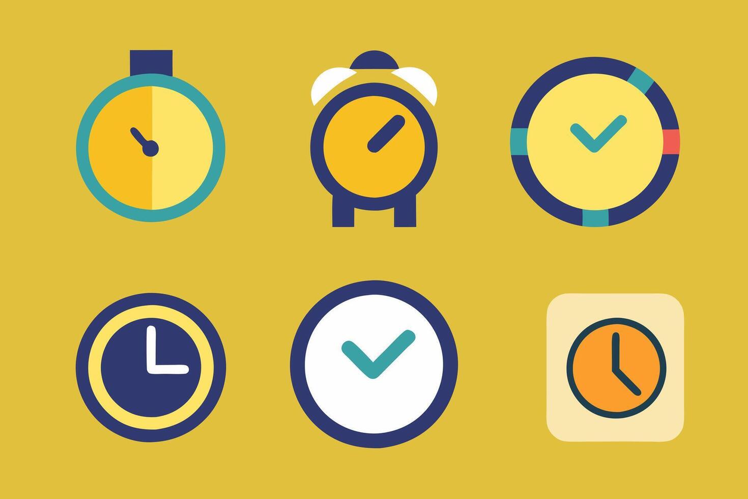 Clock Icon Set Including Wristwatch Pocket Watch Stopwatch Alarm Clock and Wall Clock in a Colorful Collection vector