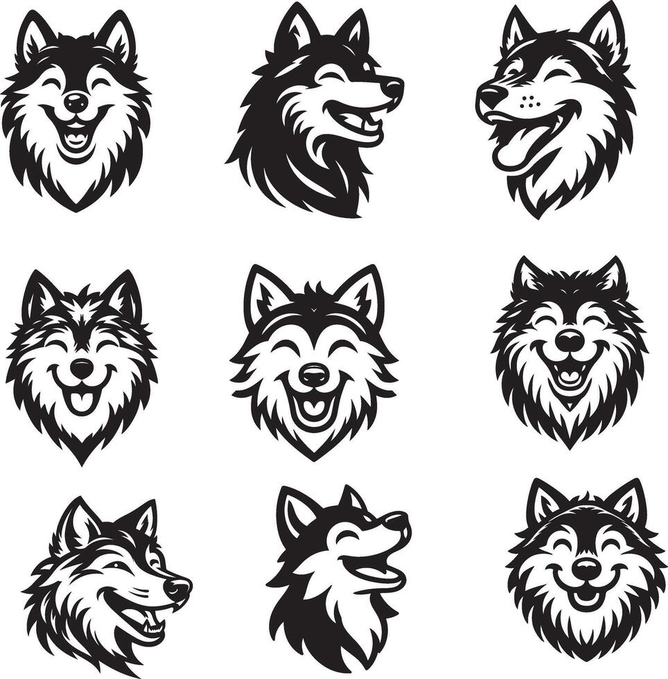 Wolf head happy silhouette icon set style in white background vector