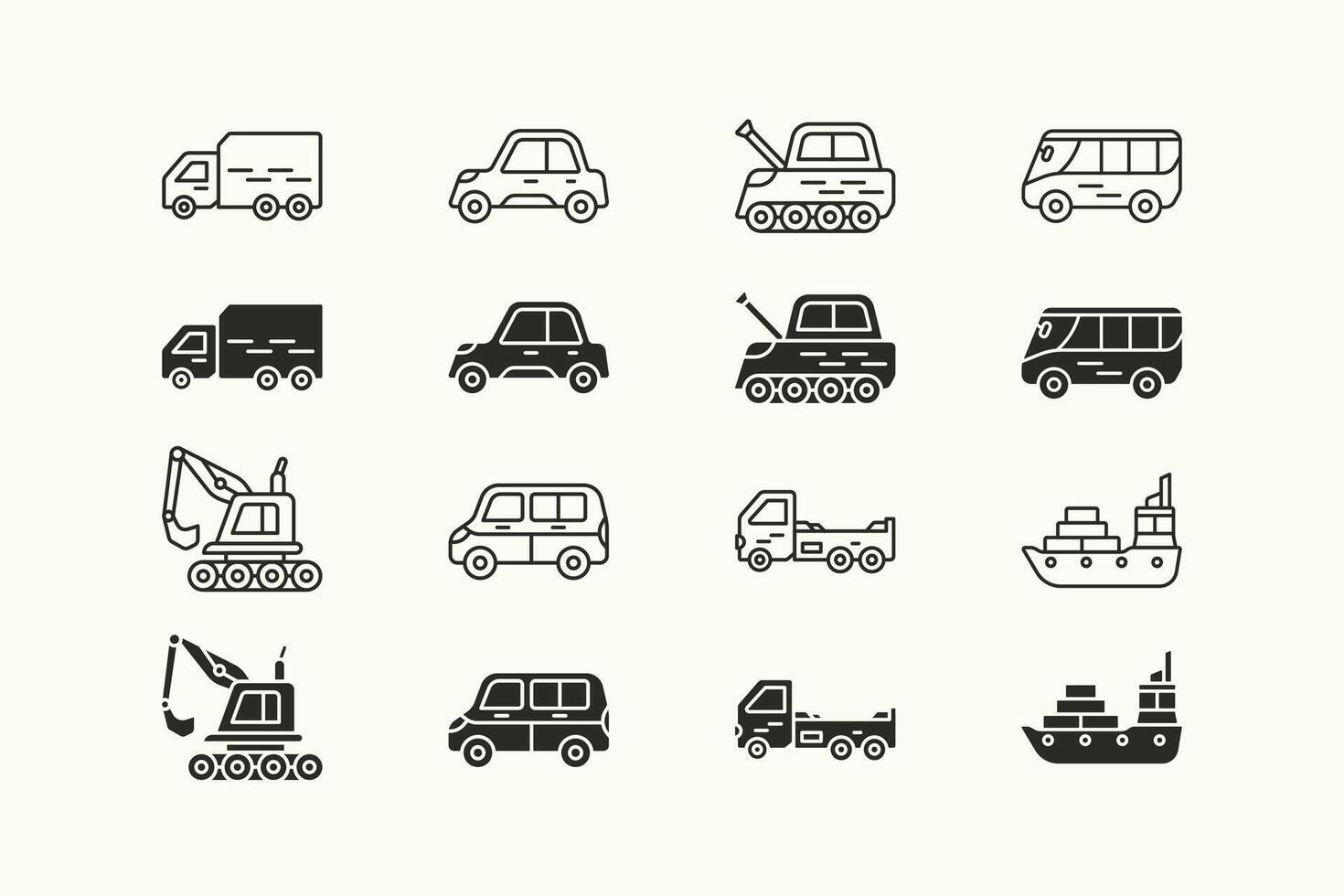 Modern transportation and vehicle icon set design with outline stroke and solid color variation vector