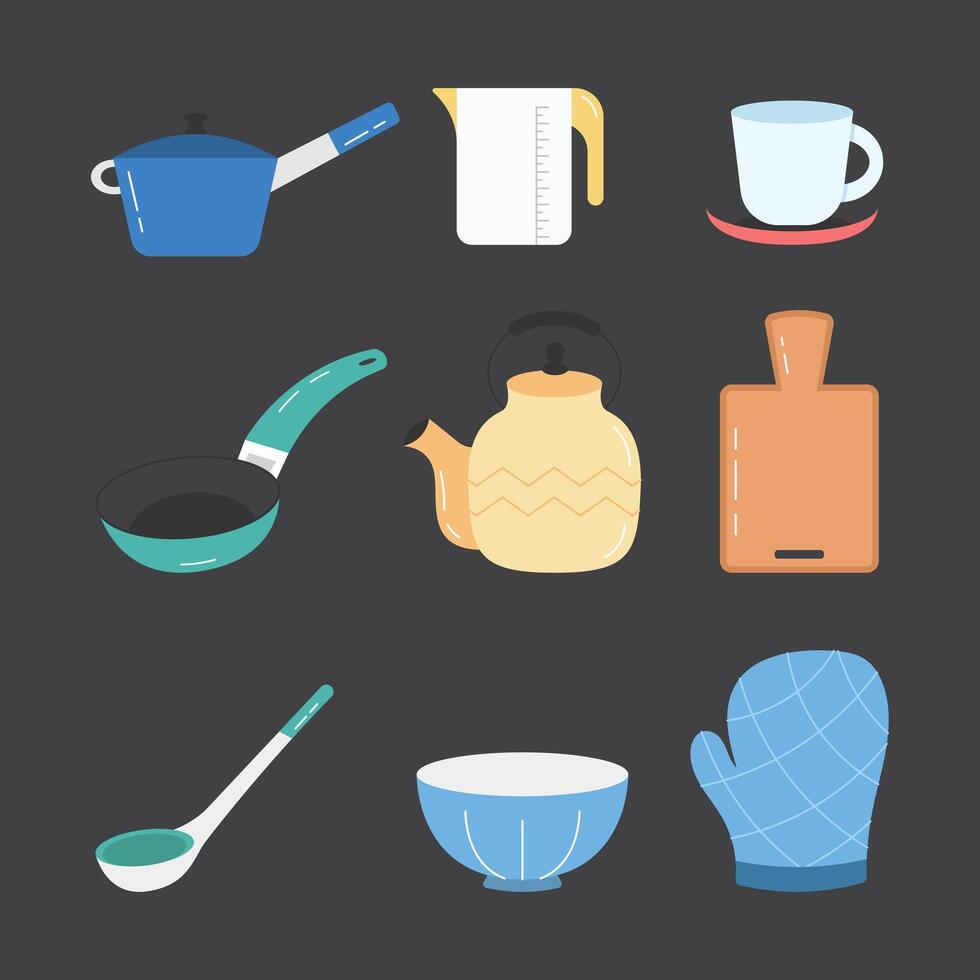 set of kitchen utensils flat illustration collection vector