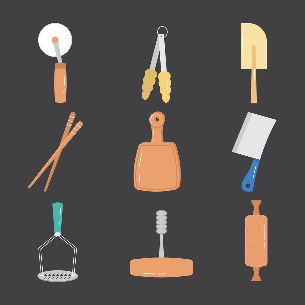 set of kitchen utensils flat illustration collection vector