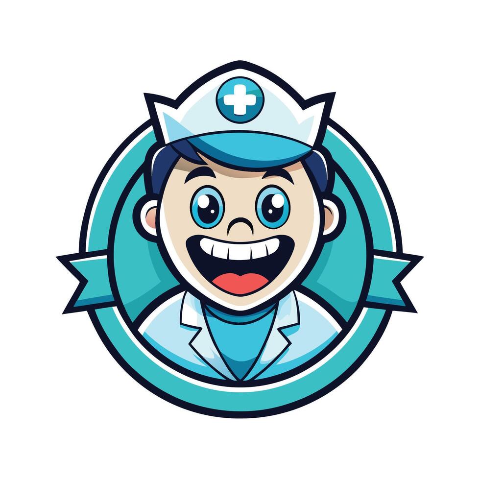 Cute little male doctor cartoon character, logo icon design looking at camera vector