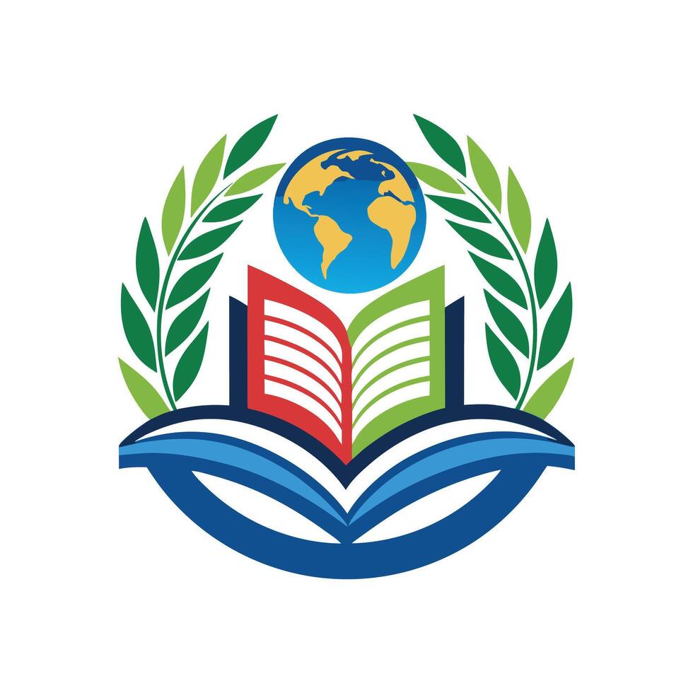 Education logo design with book Globe badge with leaves Icon Mascot Logo Design Symbol for Language School vector