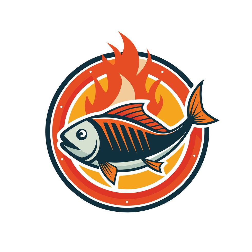 Mascot logo of Fish with fire flames badge design icon vector