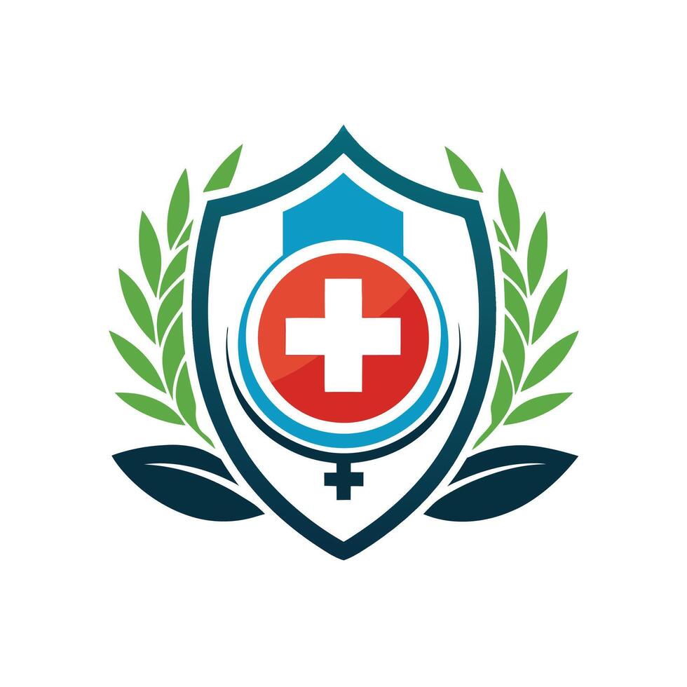 Medical Shield Icon Depicting a Central Cross Symbol Surrounded by Laurel Branches logo, Highlighting Health and Protection, badge design vector