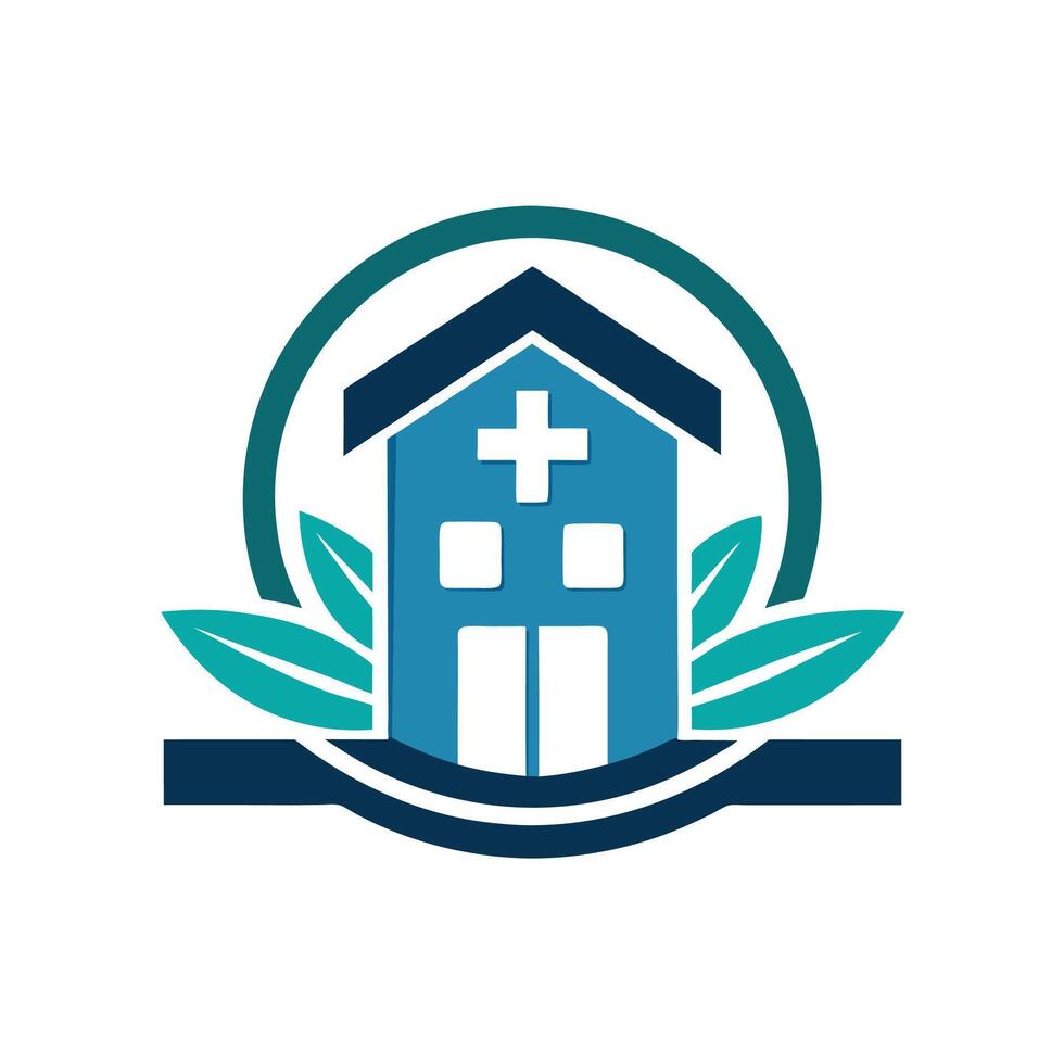 A hospital building with a plus on it and leaves vector
