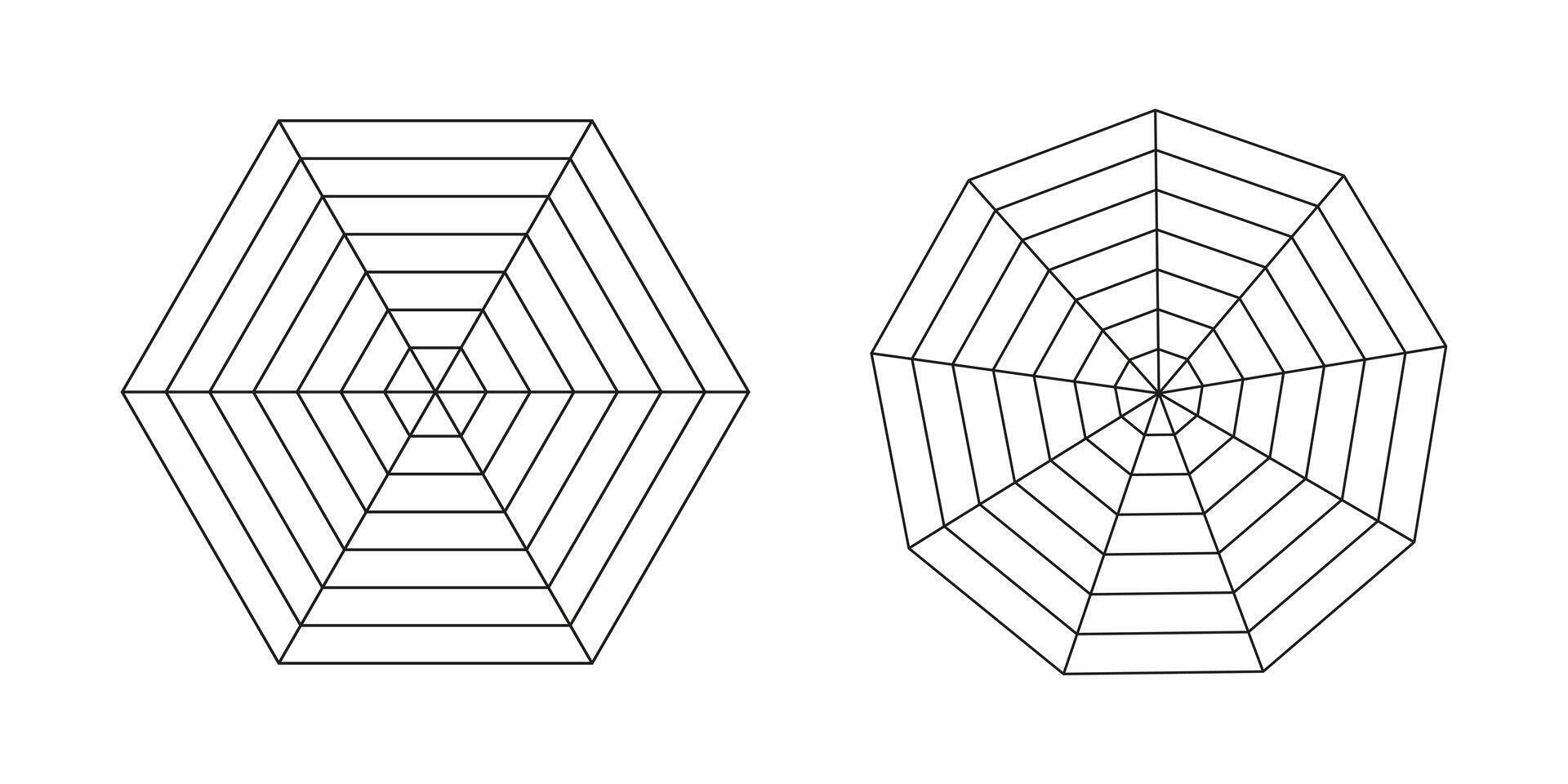 Hexagon and enneagon radar, spider diagram templates. Spider mesh. Polygon graphs. Diagram for statistic and analytic. Blank radar charts. Coaching tool. Grid black with segments. vector