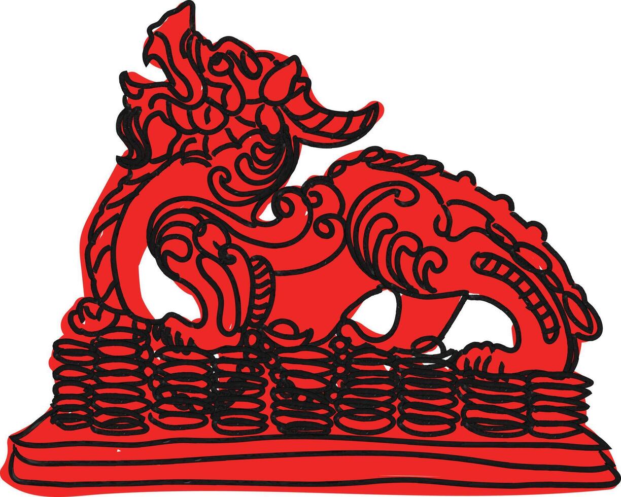 A red dragon statue on top of a pile of coins vector