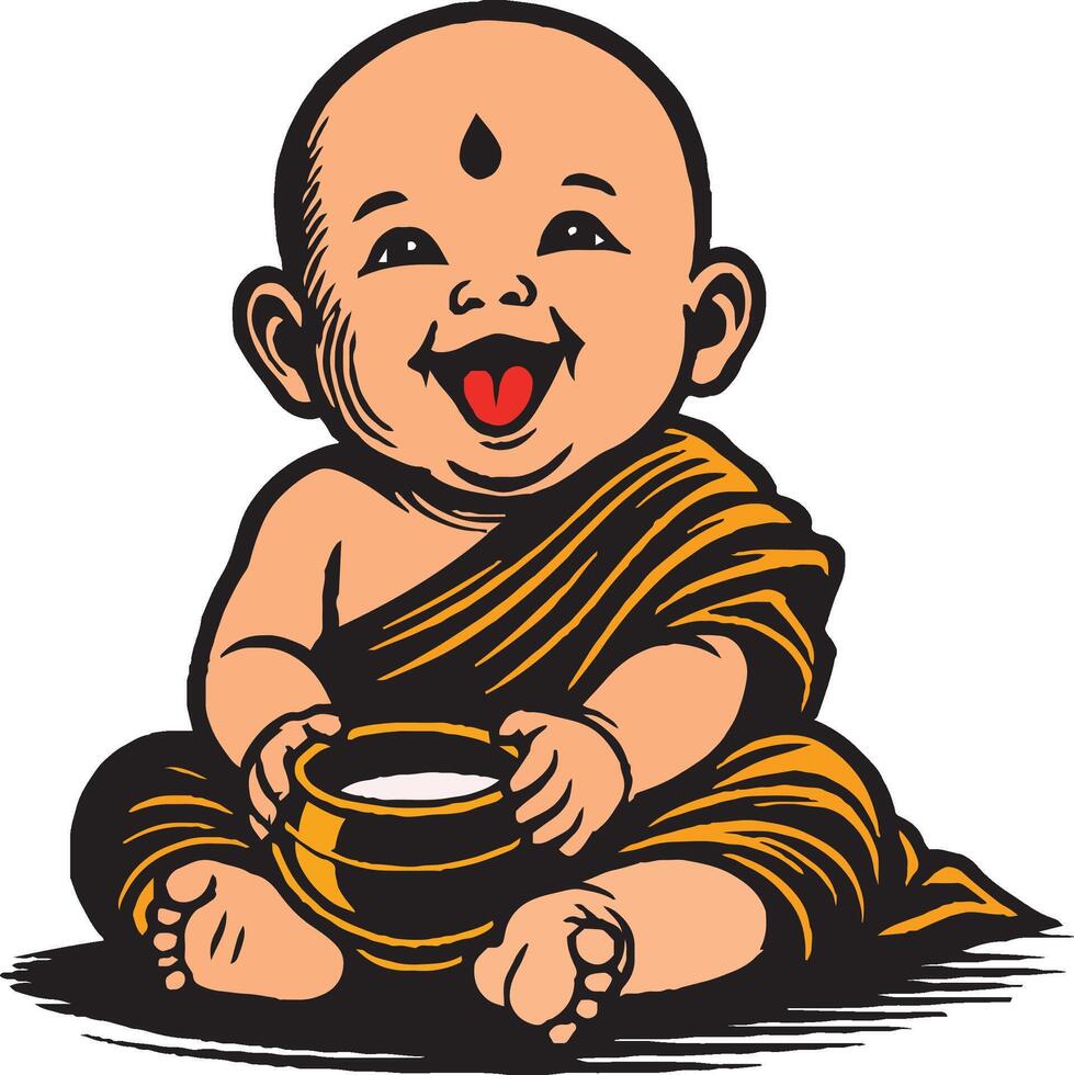 A baby monk with a bowl of milk vector