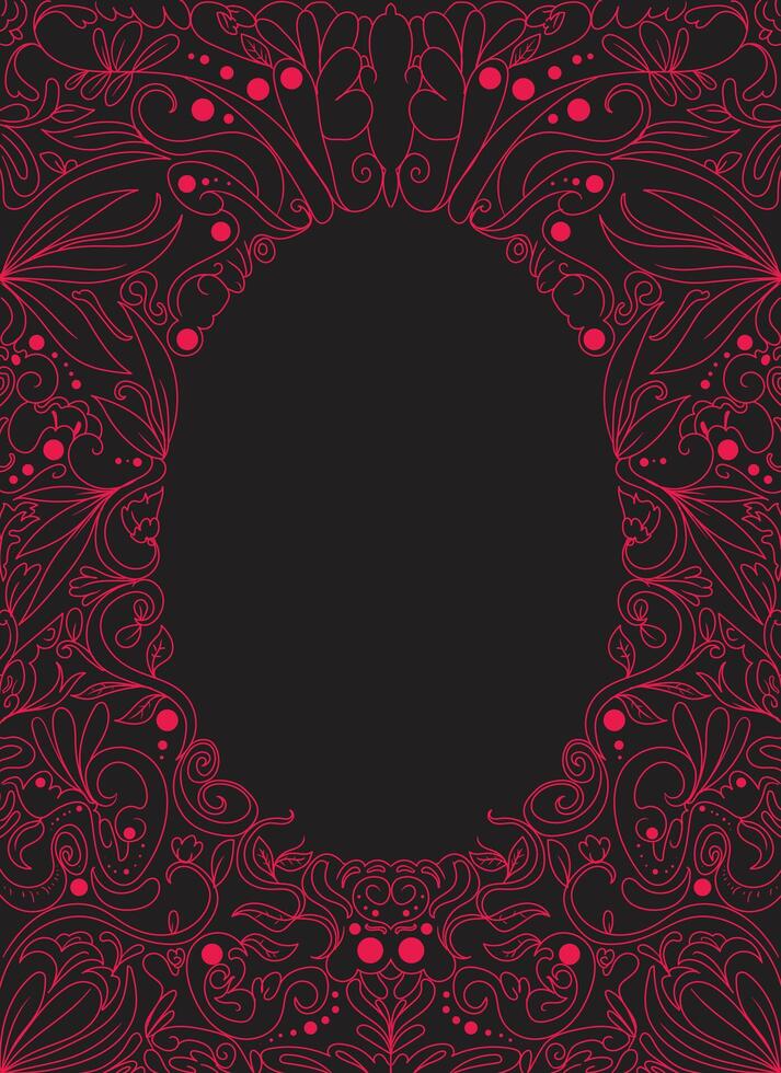 a black and pink floral frame with a round frame and a black background with a place for text. vector